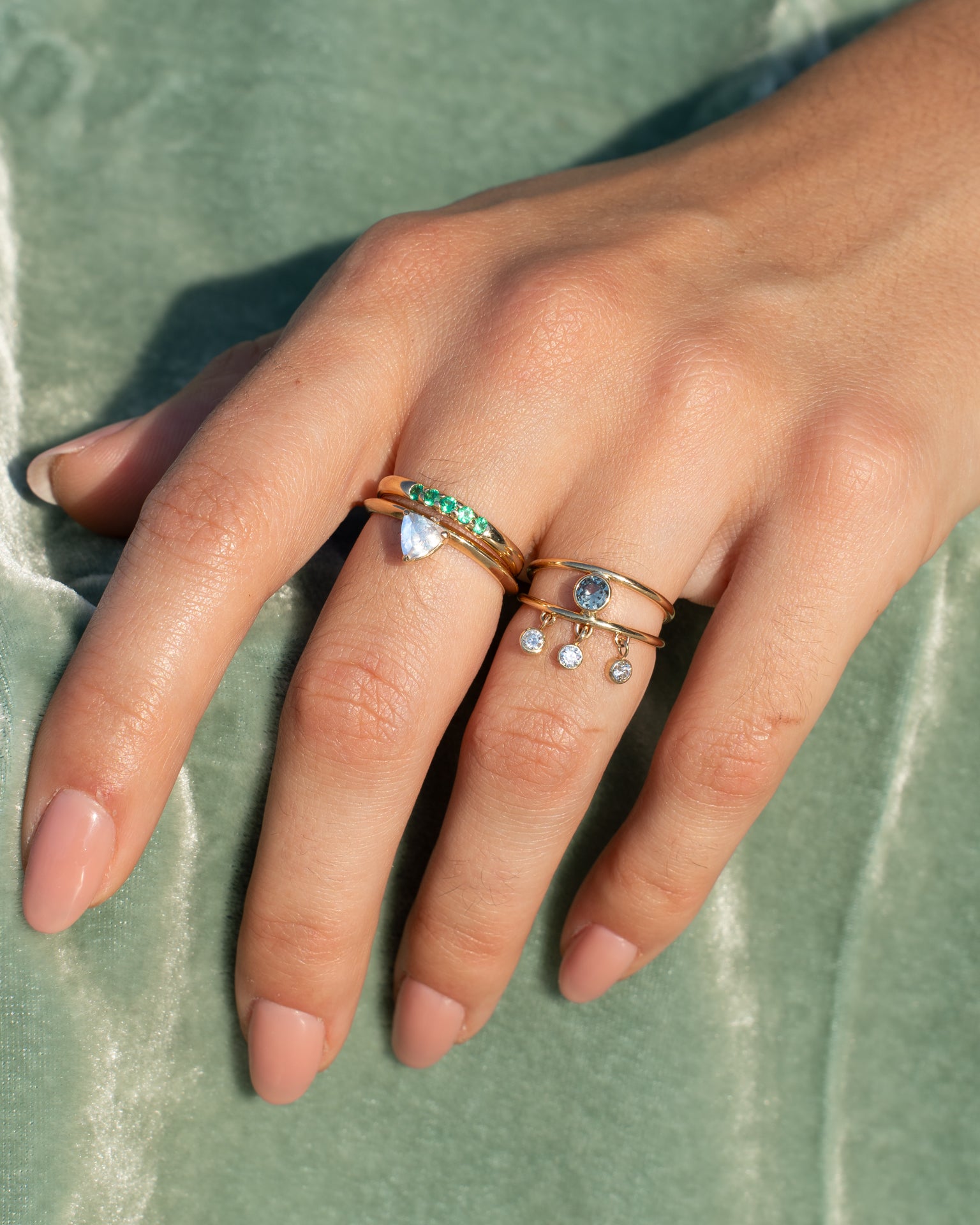 Green Sapphire + Diamond Dewdrop Ring